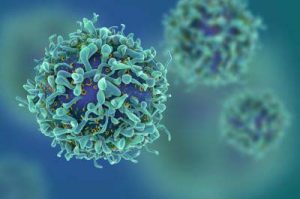 Illustration 3D de cellules cancéreuses sur fond bleu