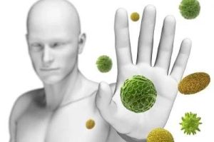 Illustration en 3D d'une personne qui repousse symboliquement les virus et les bactéries avec sa main