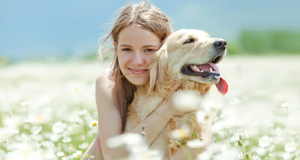 Junge Frau sitzt in der Natur mit ihrem Hund, umgeben von einem Feld von Magariten